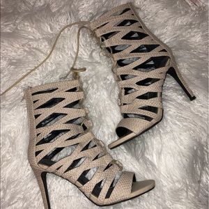 Snake print lace up heels